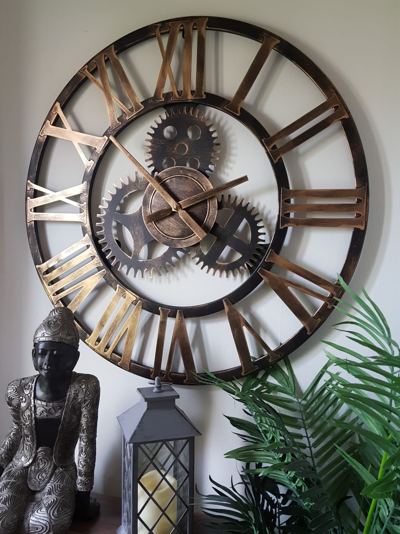 76cm - 100% Metal Large Skeleton Gear Wall Clock - Rustic Gold - Industrial Mechanical Look