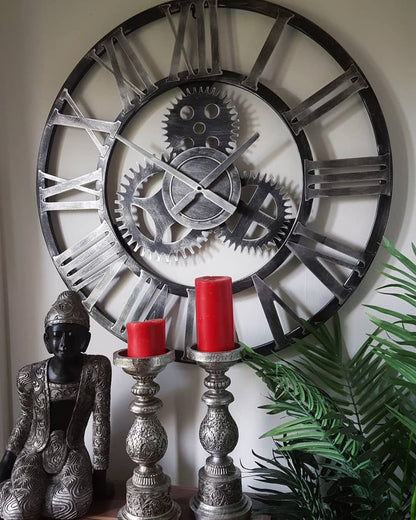 76cm - 100% Metal Large Skeleton Gear Wall Clock - Rustic Silver - Industrial Mechanical Look - Silent Clock