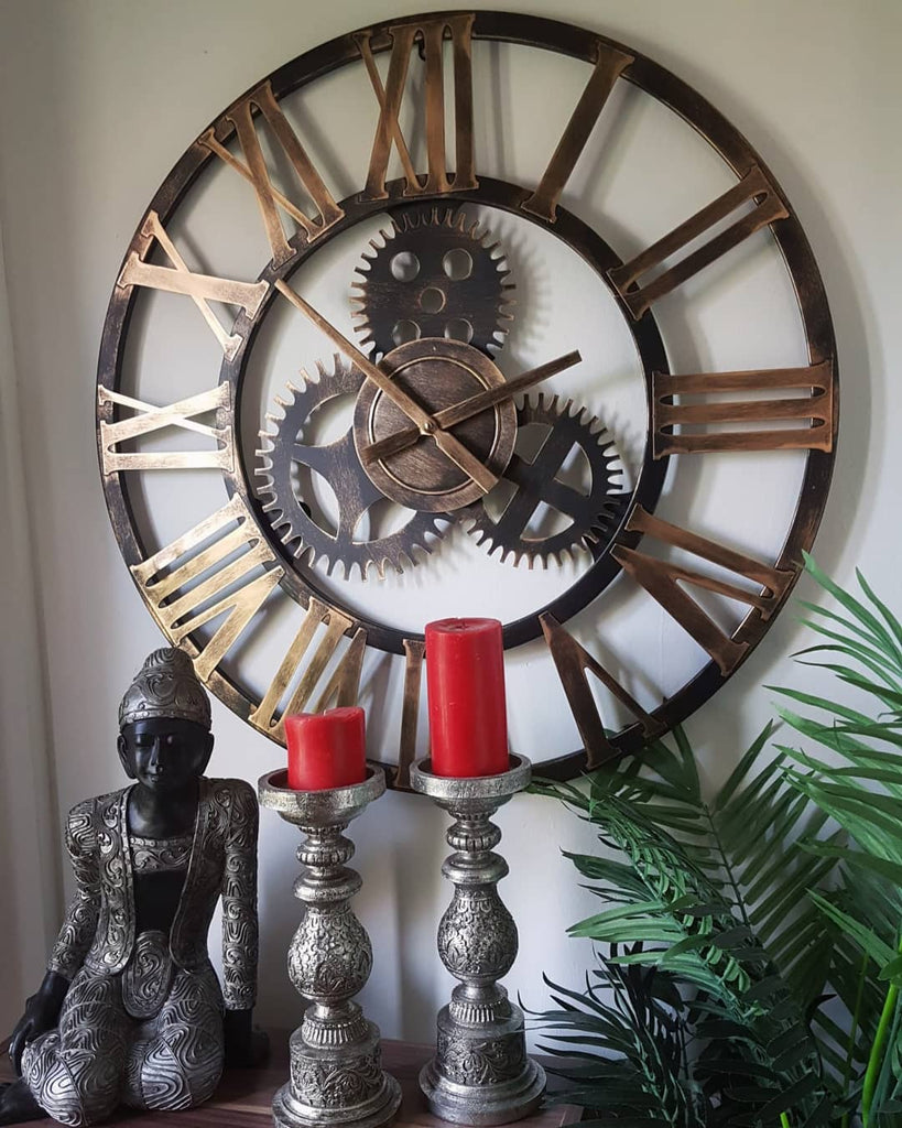 76cm - 100% Metal Large Skeleton Gear Wall Clock - Rustic Gold - Indus ...
