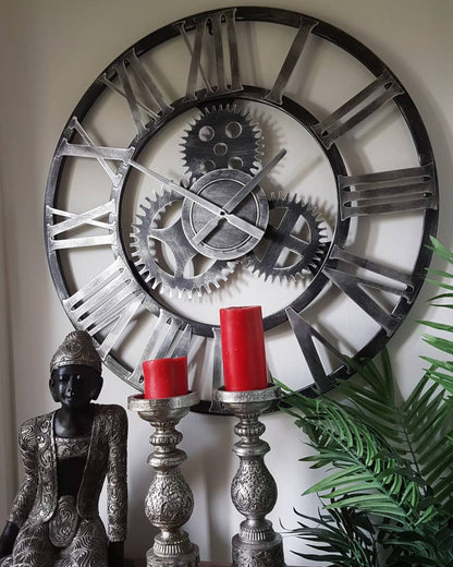 76cm - 100% Metal Large Skeleton Gear Wall Clock - Rustic Silver - Industrial Mechanical Look - Silent Clock