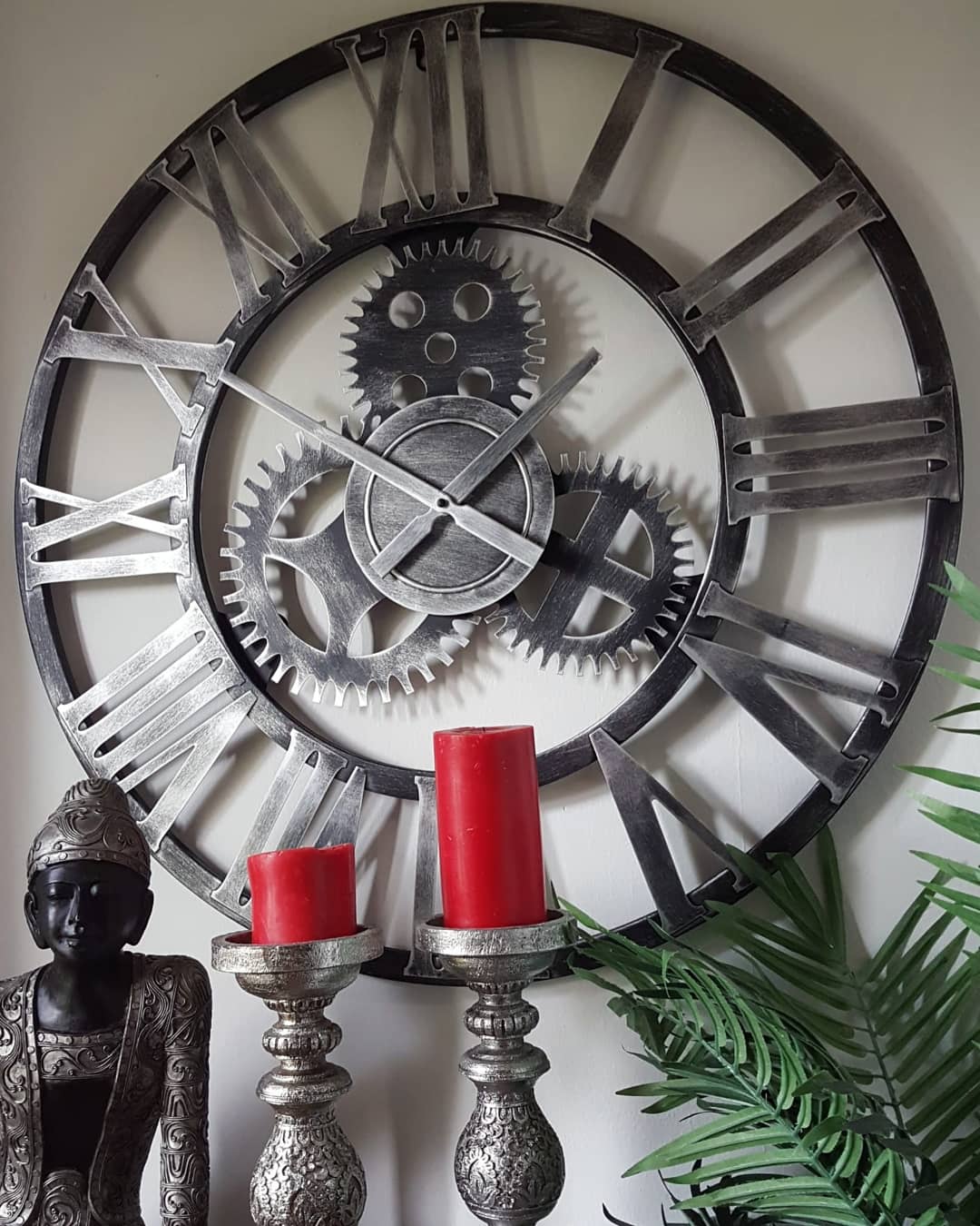 76cm - 100% Metal Large Skeleton Gear Wall Clock - Rustic Silver - Industrial Mechanical Look - Silent Clock