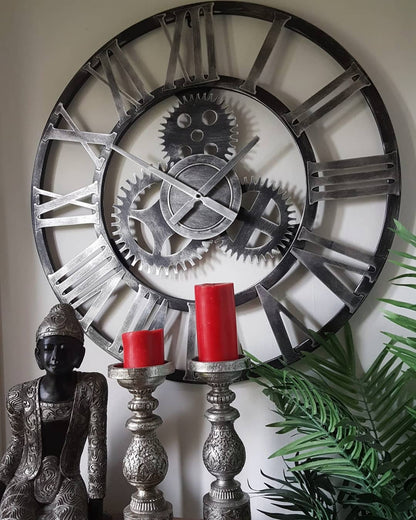 76cm - 100% Metal Large Skeleton Gear Wall Clock - Rustic Silver - Industrial Mechanical Look - Silent Clock