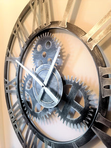 76cm - 100% Metal Large Skeleton Gear Wall Clock - Rustic Silver - Industrial Mechanical Look