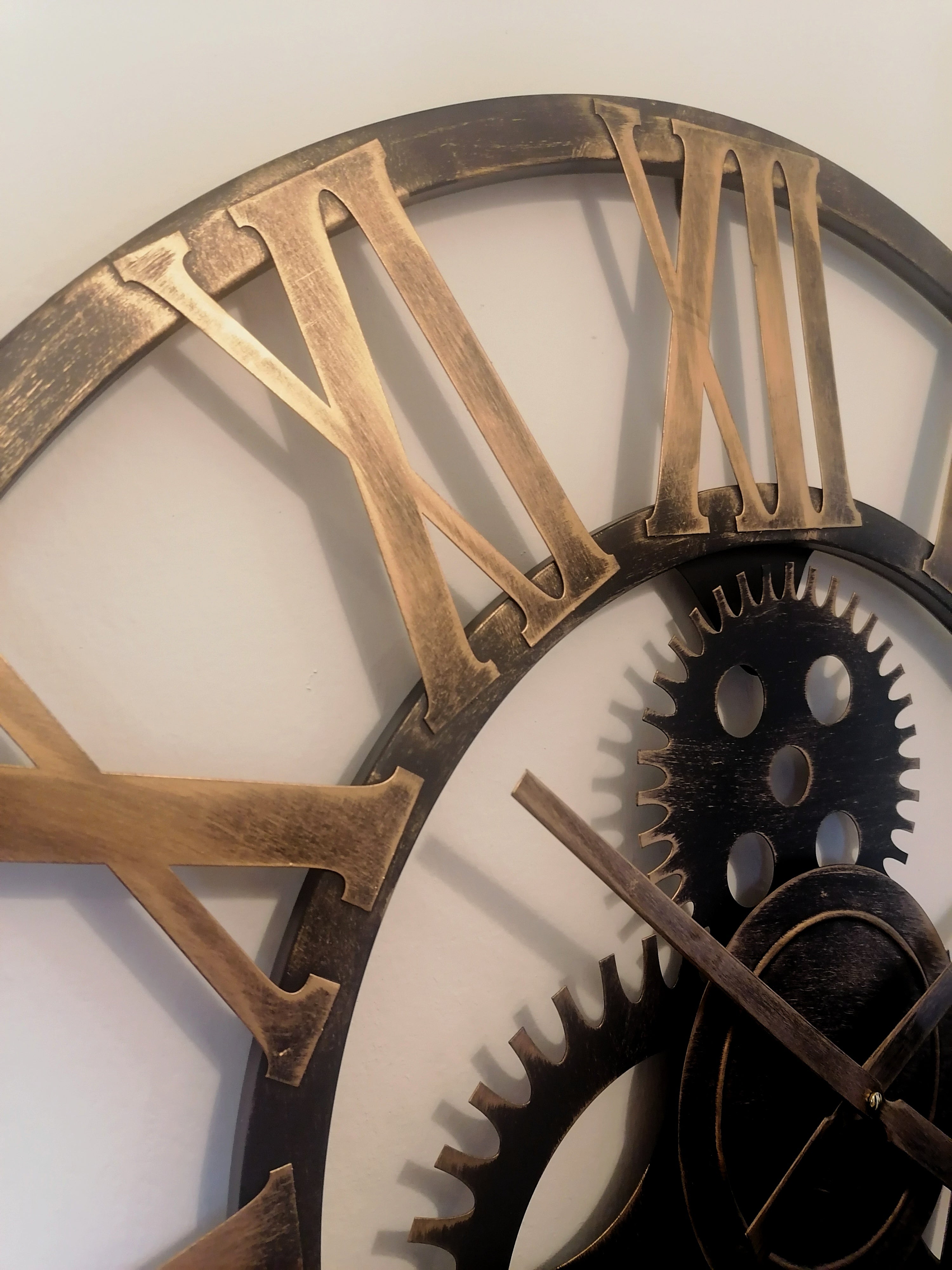 76cm - 100% Metal Large Skeleton Gear Wall Clock - Rustic Gold - Industrial Mechanical Look